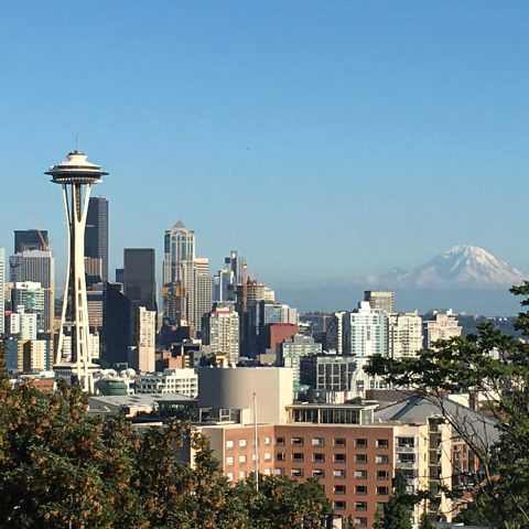 a large body of water with Space Needle in the background