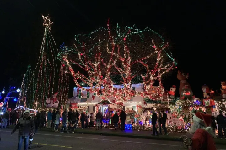 a group of people flying a kite in front of a crowd
