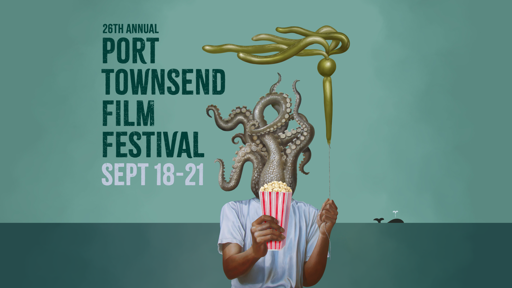 Poster: Octopus-headed person with popcorn, holding seaweed balloon for Port Townsend Film Festival Sept 18-21.